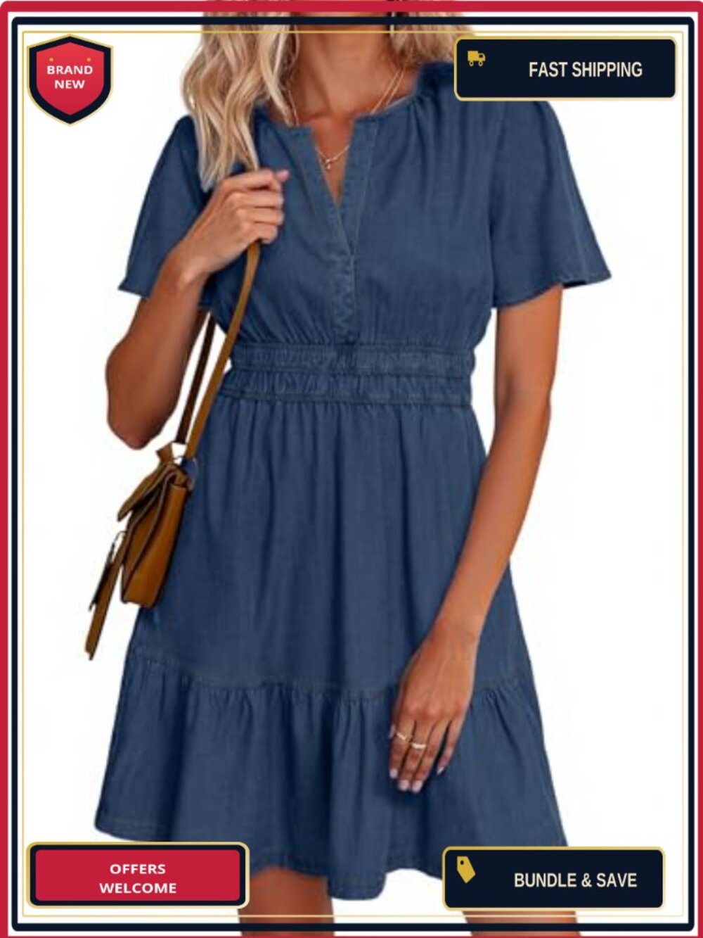 Women's Summer Denim Dress Casual Short Sleeve Tiered Mini Jean Dress Pockets